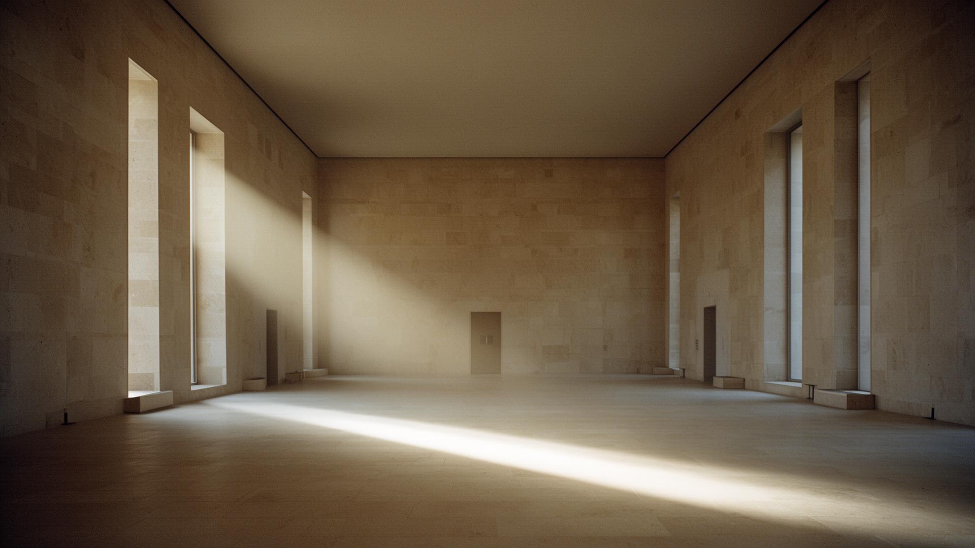 An empty modern monastery hall filled with soft morning light